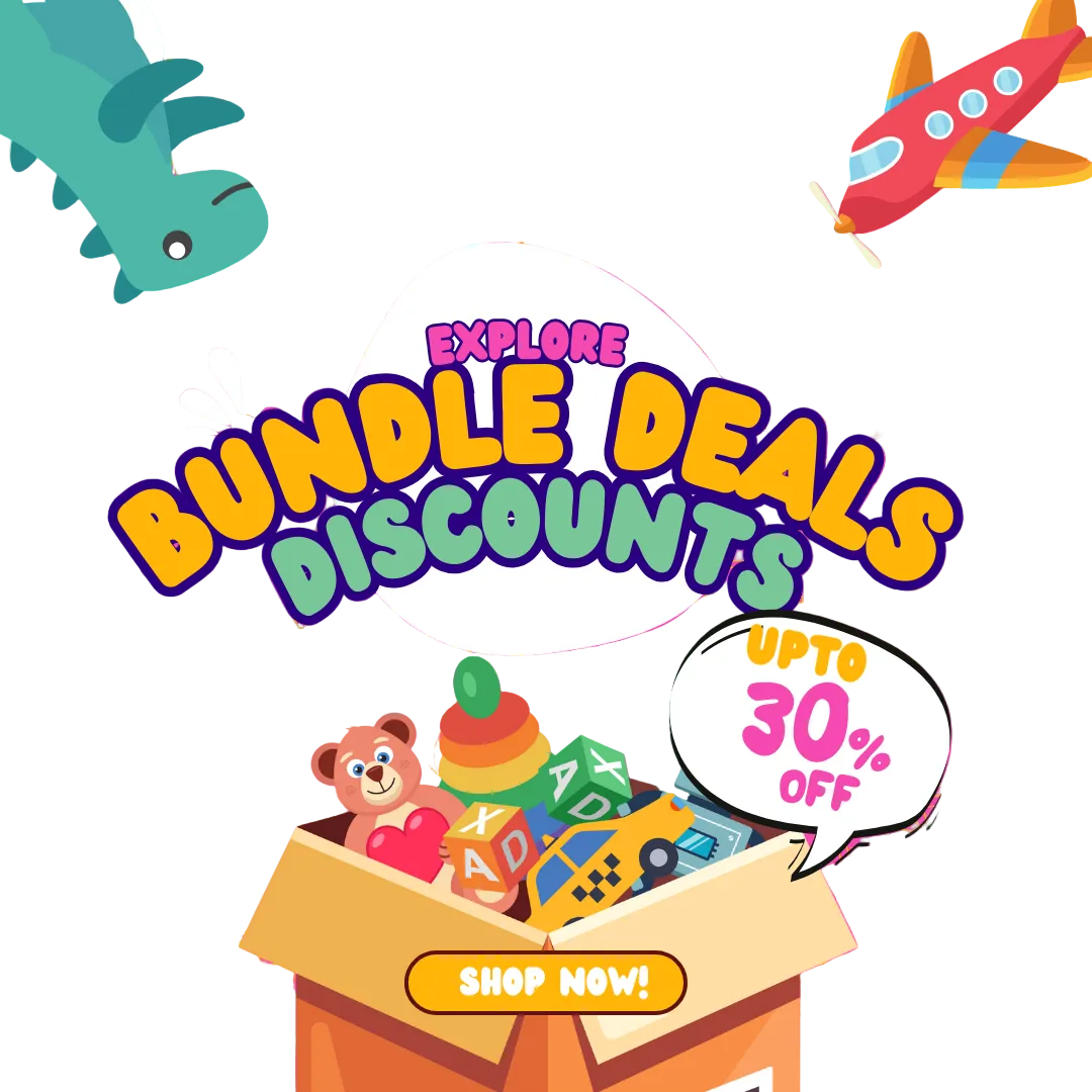 Promotional graphic with toys and text on a pink background