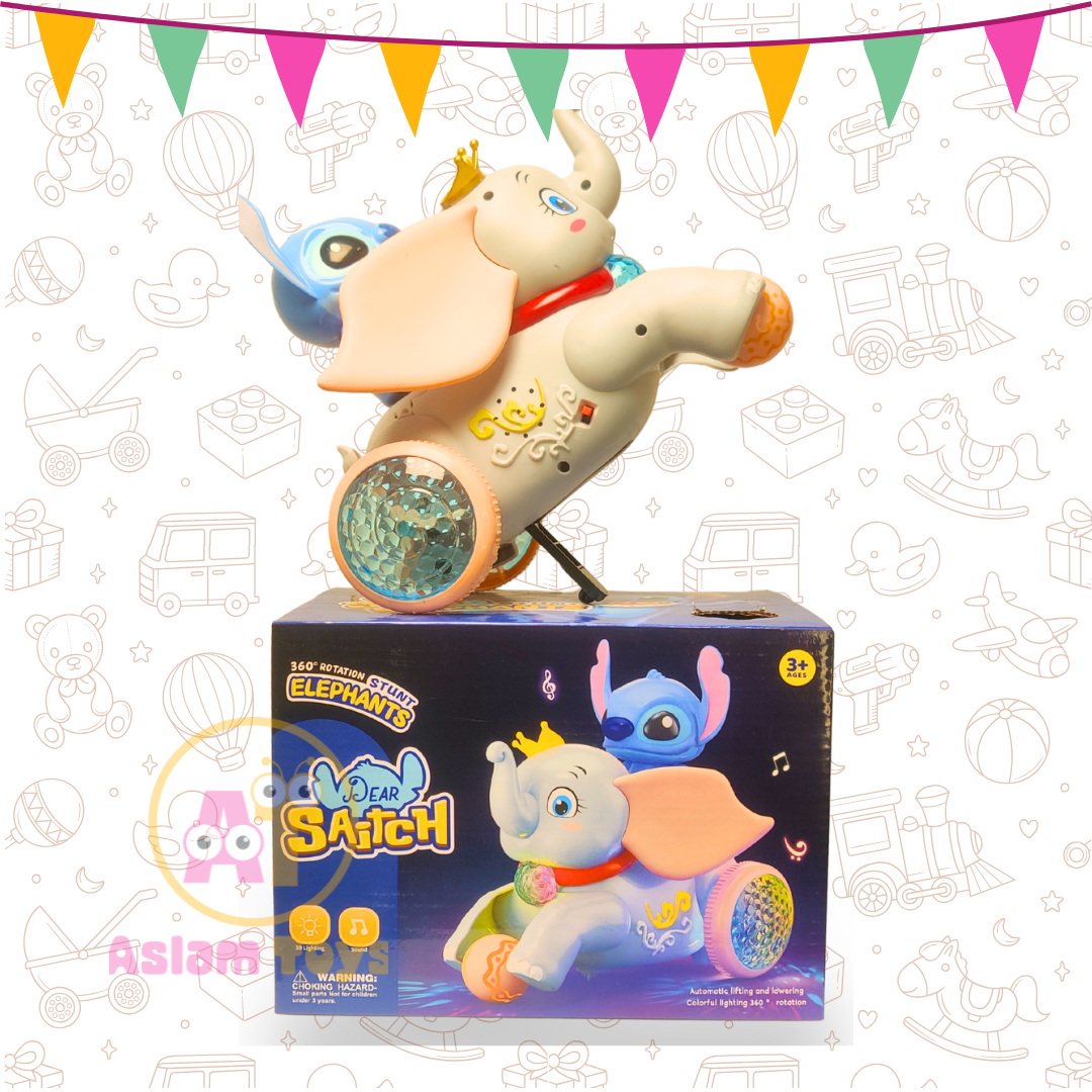 360° Rotation Stunt Elephant Toy – Lights, Music & Auto Lift